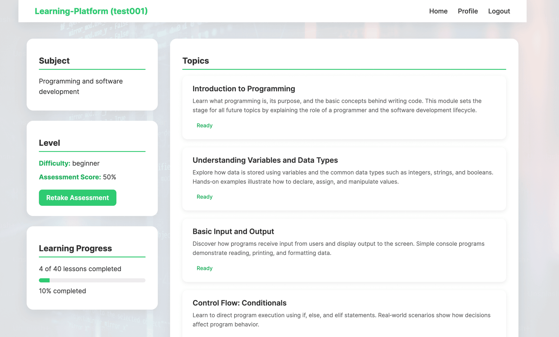 AI Learning Platform Dashboard